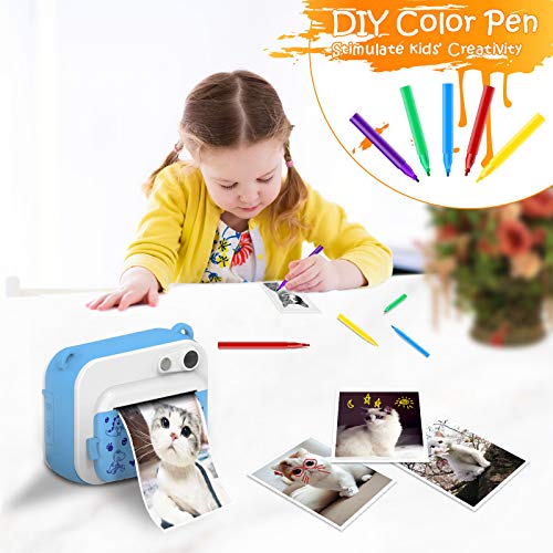 Uleway Cámara de Fotos para Niños Cámara Instantánea Infantil Regalo de Cumpleaños para 3-12 Años Videocámara Digital con Tarjeta SD de 32GB/ Papel de Impresión/Bolígrafo de Colores (Azul Dinosaurio)