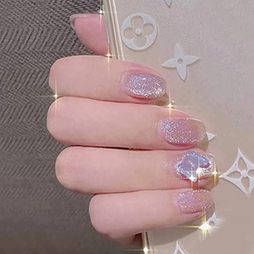 Uñas falsas 24 piezas de uñas postizas con    diseño de mariposa blanca Aurora de cristal, parche de manicura corto, uñas postizas extraíbles para gils