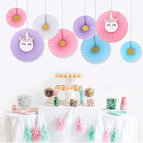 Unicornio Abanicos de papel decorativos para colgar, Vistoso, juego de 8 unidades, para colgar en la pared, decoración de papel decorativo para fiestas cumpleaños, bodas, festivales, Navidad