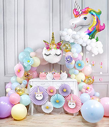 Unicornio Abanicos de papel decorativos para colgar, Vistoso, juego de 8 unidades, para colgar en la pared, decoración de papel decorativo para fiestas cumpleaños, bodas, festivales, Navidad