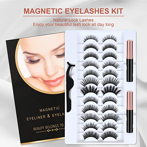 URAQT Pestañas Postizas Magneticas, 12 pares de 3D Pestañas Postizas Naturales, Pestañas magneticas kit con Delineador de Ojos y Pinzas Magnéticas Impermeables, Aspecto Natural y Larga Duración