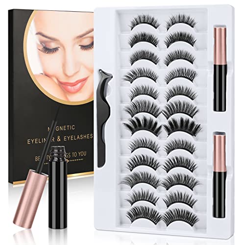 URAQT Pestañas Postizas Magneticas, 12 pares de 3D Pestañas Postizas Naturales, Pestañas magneticas kit con Delineador de Ojos y Pinzas Magnéticas Impermeables, Aspecto Natural y Larga Duración