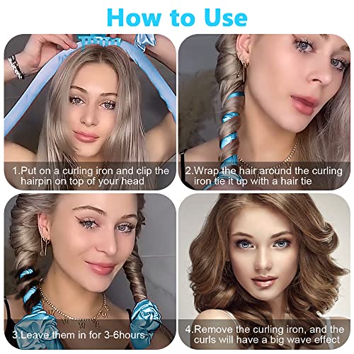 URAQT Rulos para el Pelo, Rizadores sin Calor para Cabello con Horquillas y Diademas, Rizadores de Pelo de Seda de Goma Suave para Dormir, Tiras para Peinarar para Cabello Largo y Medi (Azul)