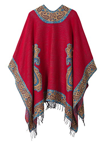 Urban GoCo Poncho Mantilla con Borlas del Estilo de Retro Chal Cape para Mujeres (#2 Rojo)