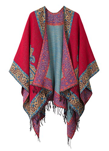 Urban GoCo Poncho Mantilla con Borlas del Estilo de Retro Chal Cape para Mujeres (#2 Rojo)