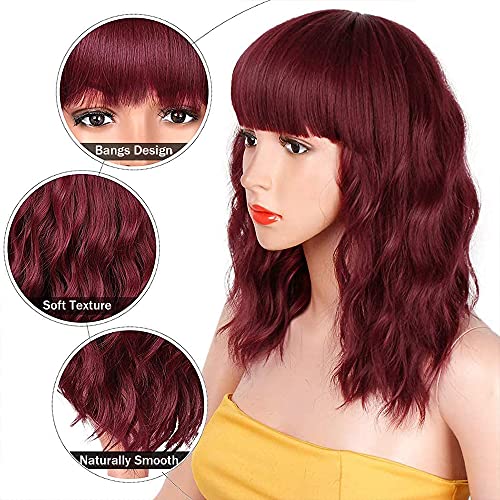 Utapossin Peluca Mujer Onda Natural con Flequillo, Pelucas Pelo Ondulado Peluca Roja, Pelucas Rizadas Cortas, Pelucas Mujer Corta Ondulada Vino Rojo Pelo Natural con Flequillo