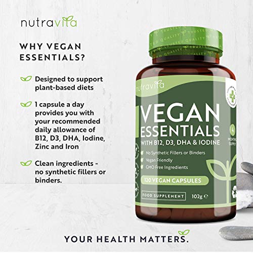 Vegan Essential Mix -Formulación multivitamínica y multimineral para apoyar una dieta basada en plantas - 120 Vegan capsulas - con vitamina B12, D3, DHA, yodo, hierro y zinc - Hecho en el Reino Unido