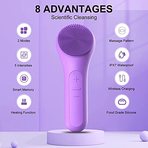 Venussar Sonic Cepillo Limpiador, IPX7 Impermeable Limpiador Facial Eléctrico de Silicona con 2 Modos 5 Intensidades, Limpieza Profunda Masaje Térmico Exfoliante Suave Eliminación de Puntos Negros