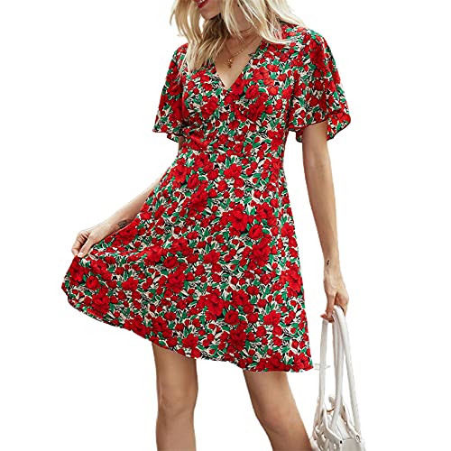 Vestido Corto con Estampado Floral con Volantes, Cuello en V Profundo, Manga Corta, Vestido Informal Sexy para Mujer, Vacaciones de Verano, Vestido de Playa (Rojo, M)