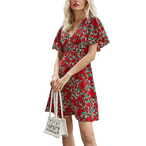 Vestido Corto con Estampado Floral con Volantes, Cuello en V Profundo, Manga Corta, Vestido Informal Sexy para Mujer, Vacaciones de Verano, Vestido de Playa (Rojo, M)