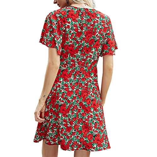 Vestido Corto con Estampado Floral con Volantes, Cuello en V Profundo, Manga Corta, Vestido Informal Sexy para Mujer, Vacaciones de Verano, Vestido de Playa (Rojo, M)