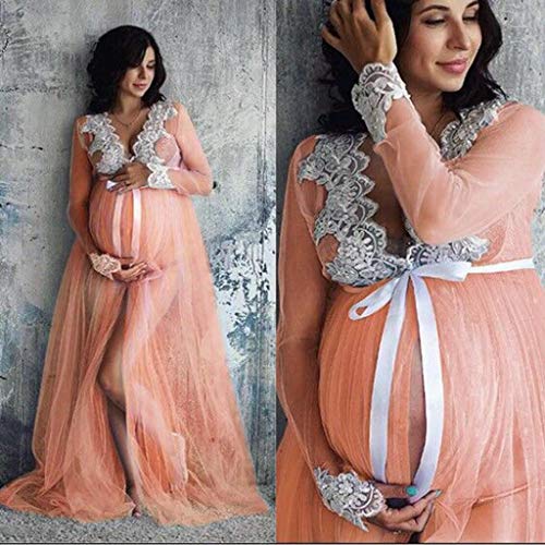 Vestidos Premama Fiesta Largos Maxi SHOBDW Moda 2019 Vestido de Maternidad Fotografia Encaje Vestidos Mujer Verano Sexy Cuello en V Bandage Ropa Premamá Vestidos de Fiesta(Beige,XL)