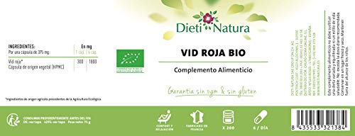 Vid Roja Bio 200 cápsulas de Dieti Natura. Tonifica y refuerza las paredes venosas [Fabricado en Francia][Certificado ecológico FR-BIO-01][Garantía Sin OGM ni Gluten] (Bote de 200 cápsulas)