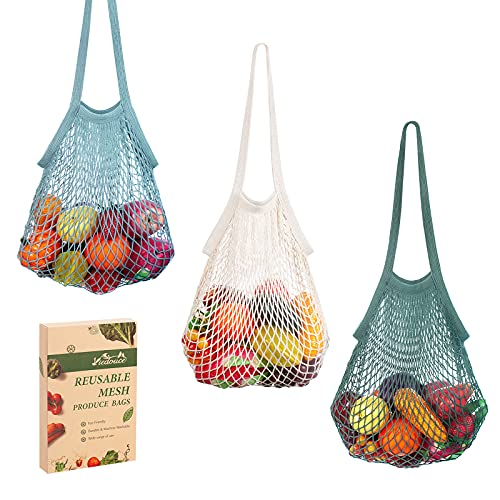 Viedouce Bolsas de Malla Reutilizables,Bolsas Rejilla la Compra Reutilizables de Malla Algodón,Bolsa Portátil la Compra de Red con Durable y Largo Asa para Abarrotes,Frutas,Verduras (3 Colores)