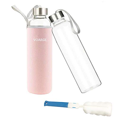 Voarge Botella de Agua Cristal 550ml, Botella de Agua Reutilizable 18 oz, Sin BPA Antideslizante Protección Neopreno Llevar Manga y Cepillo de Esponja, Rosa