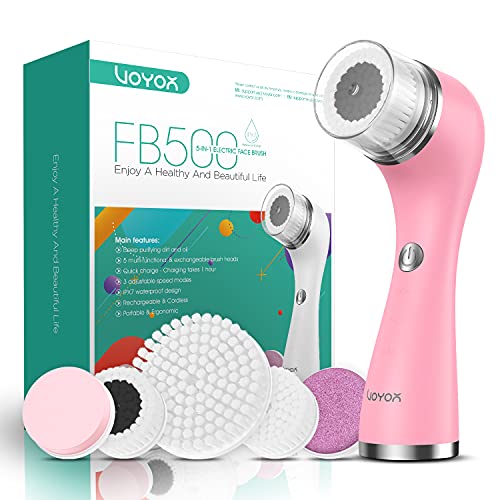 VOYOR 5 En 1 Recargable Cepillo Limpiador Facial Electrico Limpieza Facial Minimizador de Poros Removedor de Piel Muerta Cepillo Removedor de Maquillaje Cepillo Limpiador Corporal FB500 (Rosa)