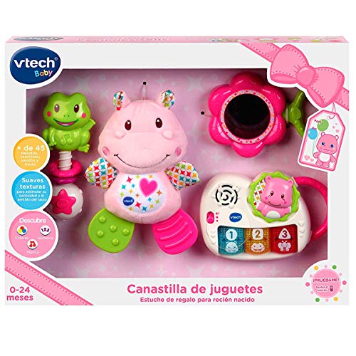 VTech - Canastilla de juguetes, estuche de regalo para bebé recién nacido que incluye peluche mordedor, sonajero, piano interactivo y espejo de seguridad, color rosa (80-522057)