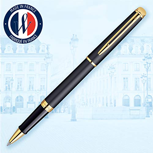 Waterman Hémisphère rotulador roller, con adorno de oro de 23 quilates, punta fina con cartucho de tinta negra, estuche de regalo, color negro mate