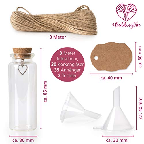 WeddingTree 30 x 40ml Botella de Vidrio Mini - Set de Mini Botellas de Cristal con Corcho y Llavero de Corazón - para Invitados Bodas, Decoración, Frasco para Especia