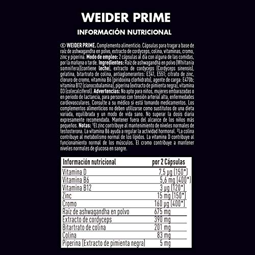 Weider Prime 60 Cáps. Potencia la producción natural de testosterona. Extracto de Ashwagandha, Cordyceps y Colina