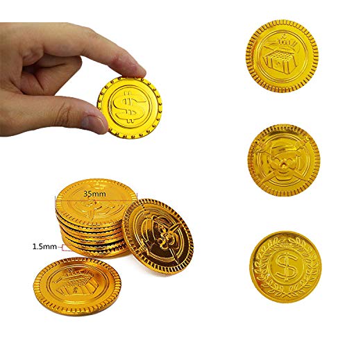 WELLXUNK Monedas Oro,100 Moneda de Fiesta Piratas ,Monedas de Oro plástico,Conjunto de Juguete Joya Moneda de Oro para Niños Fiesta Pirata Infantil Cumpleaños Regalo