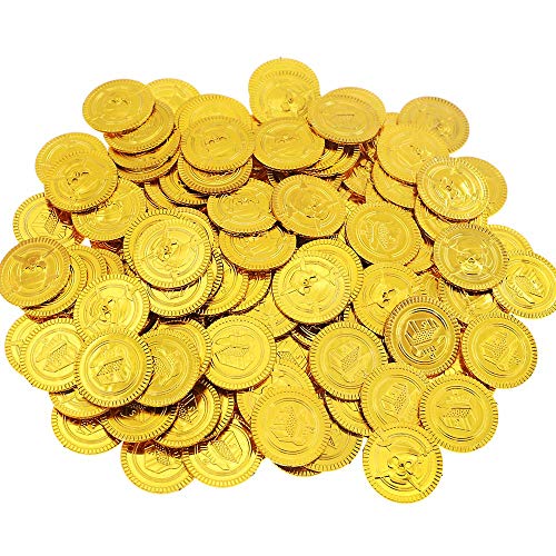 WELLXUNK Monedas Oro,100 Moneda de Fiesta Piratas ,Monedas de Oro plástico,Conjunto de Juguete Joya Moneda de Oro para Niños Fiesta Pirata Infantil Cumpleaños Regalo