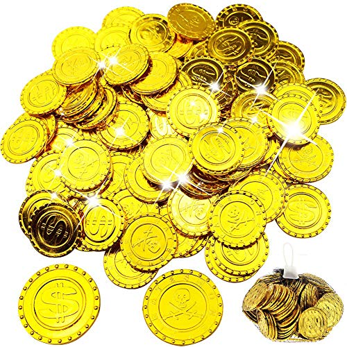 WELLXUNK Monedas Oro,100 Moneda de Fiesta Piratas ,Monedas de Oro plástico,Conjunto de Juguete Joya Moneda de Oro para Niños Fiesta Pirata Infantil Cumpleaños Regalo