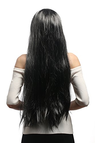 WIG ME UP- 6063-P103-309 Peluca Mujeres Hombres Carnaval Negro Gris veteado Muy Larga 85 cm Lisa Vampiro Bruja Heavy Metal