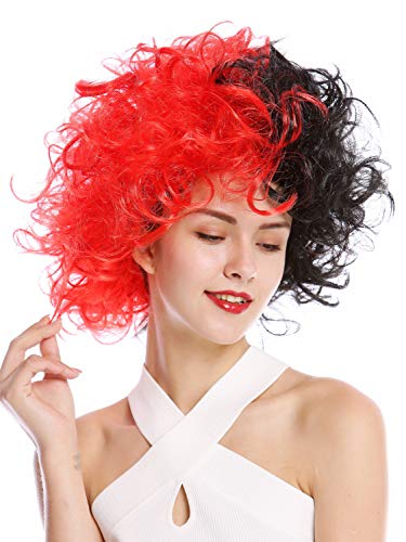 WIG ME UP- 91344-P103+PC13 Peluca Halloween Mujeres Hombres Diva Malvada Loca Masa de Pelo Rizado rebelde Mitad Rojo Mitad Negro