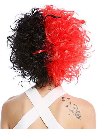 WIG ME UP- 91344-P103+PC13 Peluca Halloween Mujeres Hombres Diva Malvada Loca Masa de Pelo Rizado rebelde Mitad Rojo Mitad Negro