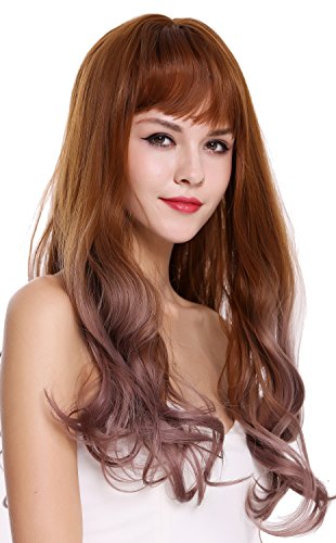 WIG ME UP - H1800-612R30 peluca de mujer pelo largo ondulado flequillo balayage castaño cobrizo claro rosa cosplay