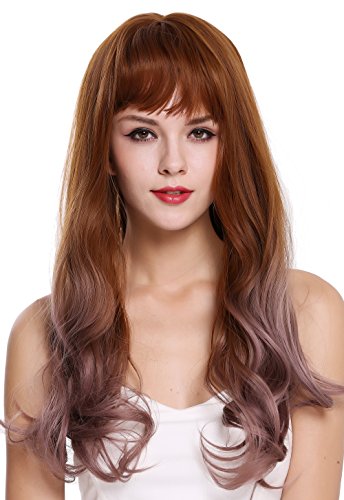 WIG ME UP - H1800-612R30 peluca de mujer pelo largo ondulado flequillo balayage castaño cobrizo claro rosa cosplay