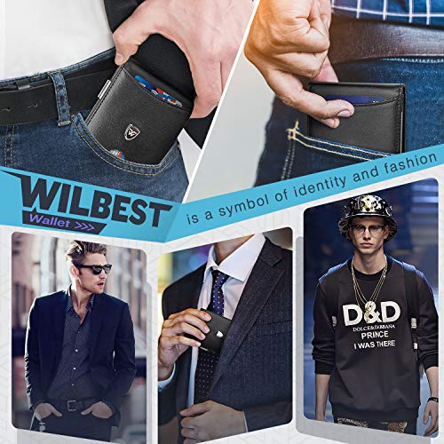 wilbest® Carteras de Hombre, Carteras de Tarjetero Piel Delgado con Clip Metálico, Billetera de Cuero RFID, 8 Ranuras para Tarjetas, 1 Bolsillo de Monedero con Cremallera, Caja de Regalo (Negro)