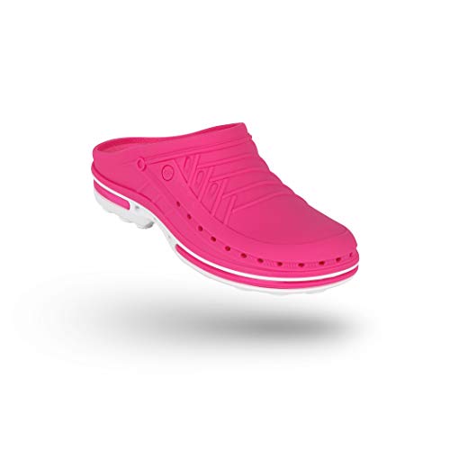 WOCK Clog sin Tira, Zueco Sanitario de Trabajo Blanco/Fucsia Mujer e Hombre - Esterilizable, Rango de tamaño de 35-44