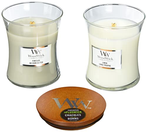 Woodwick Juego de velas perfumadas de regalo, Fireside & Linen Hourglass velas perfumadas con mechas agrietadas, hasta 60 horas de tiempo de combustión cada una, Caja de regalo, 2 unidades (1699065E)