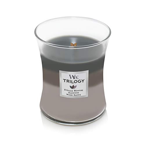 WoodWick Trilogy vela perfumada mediana en forma de reloj de arena con Pluswick Innovation, Cabaña acogedora