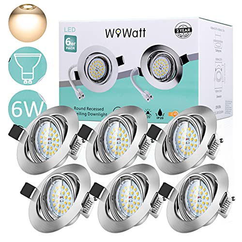 Wowatt Ojos de Buey de Led 6W Blanco Cálido Foco Empotrable LED Techo 2800k Incluye AC 220V 6W Bombillas Gu10 600lm Equivalente a Halogeno 50W Luz de Techo Agujero Ø68-80mm redondo Pack de 6