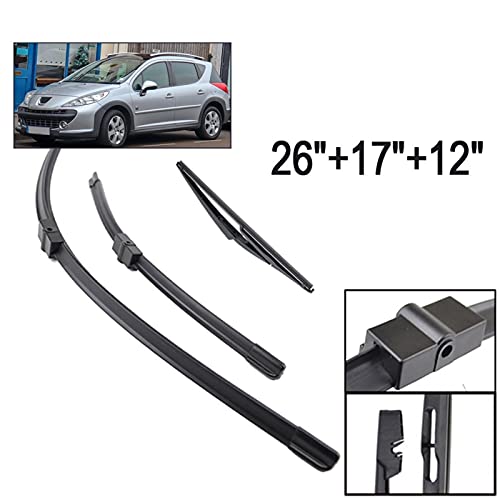 YHSM Juego De Escobillas De Limpiaparabrisas Delantero Y Trasero para Peugeot para 207 SW 26"17" 12"2006 2007 2008 2009 2010 2011 2012 Limpiaparabrisas limpiaparabrisas