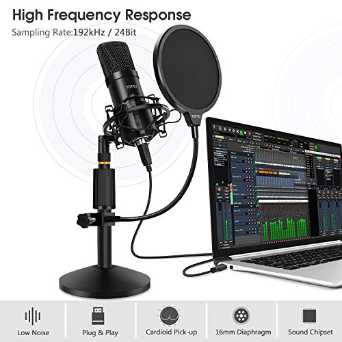 YOTTO Micrófono USB, PC Micrófono de Condensador para ordenador profesional 192KHz/24bit cardioide Micrófono con soporte de micrófono, filtro pop para Twitch Streaming, Podcasting, Youtube, Skype