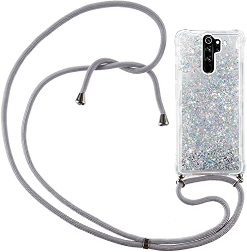 youmehe Funda con Cuerda para Redmi 9,Bling Glitter Liquida Cordón Transparente Suave TPU Silicona Case，con Colgante Ajustable Collar Correa de Cuello Cadena Cordón-（Plata）