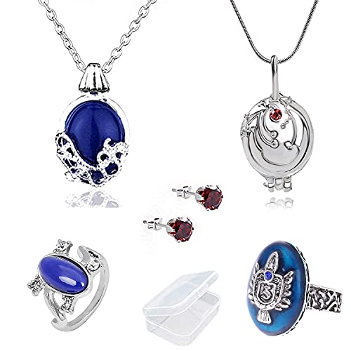 YouU Juego de collares de las diarias vampíricas de Katherine Pierce y collar de Elena Gilbert Daylight Ring Royal Blue Diamond Stud Pendientes Rojo Stefan Salvatore Anillo