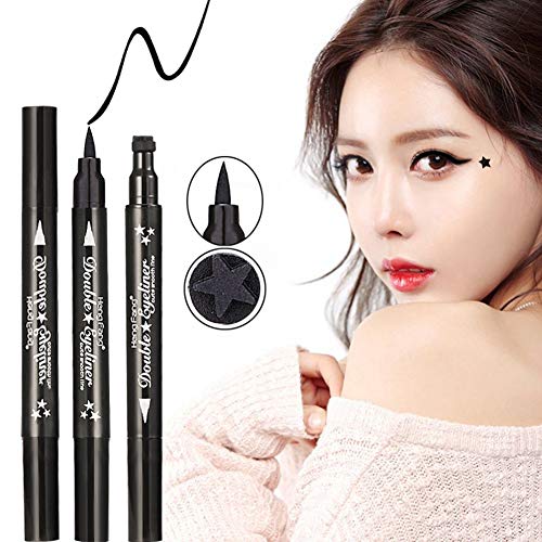 Yuccer 3 Piezas Sello Delineador de Ojos Liquido Negro Lapiz de Ojos Larga Duracion Estrella Luna Corazon Flor Regalo Maquillaje Ahumado para Mujer Cumpleaño (Estrella + Luna + Corazón)