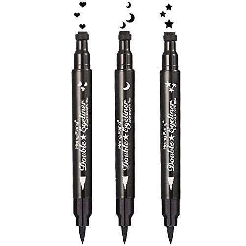 Yuccer 3 Piezas Sello Delineador de Ojos Liquido Negro Lapiz de Ojos Larga Duracion Estrella Luna Corazon Flor Regalo Maquillaje Ahumado para Mujer Cumpleaño (Estrella + Luna + Corazón)