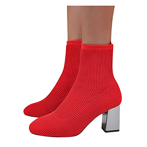 YWLINK Botas CalcetíN Mujer Botas De Color Liso Botas Invierno Bloque TacóN Corto Botas Elegante Puntera Puntiaguda Tacones Altos Moda Tacon Ancho Botines Sweater Botasies Pull On (Rojo, 36)