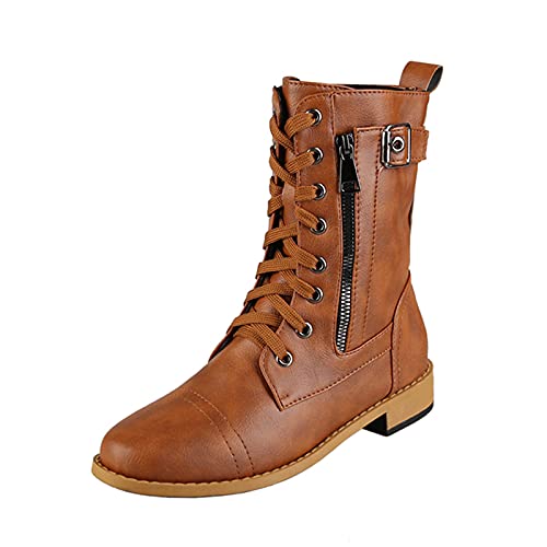 YWLINK Botas De Piel Para Mujer Botas De Combate Con Cordones Botas De Lluvia Impermeables Botas Planas De Color Liso Antideslizante Transpirable Botas De Nieve Hunter Zapatos (Marrón, 37)