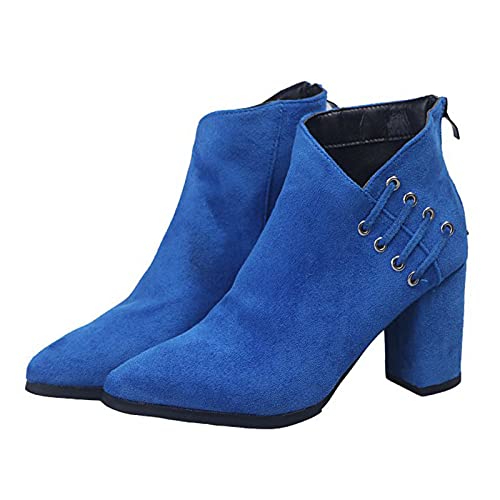 YWLINK Botines Dedo Del Pie Puntiagudo Forma V Tacones De Aguja Botas Del Tobillo Para Mujeres Botines De TacóN Grueso Con Tiras Cruzadas De Talla Grande Botas De Color Liso Negras (Azul, 37)