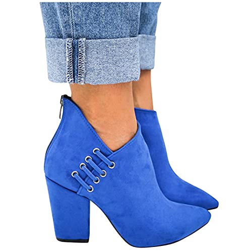 YWLINK Botines Dedo Del Pie Puntiagudo Forma V Tacones De Aguja Botas Del Tobillo Para Mujeres Botines De TacóN Grueso Con Tiras Cruzadas De Talla Grande Botas De Color Liso Negras (Azul, 37)