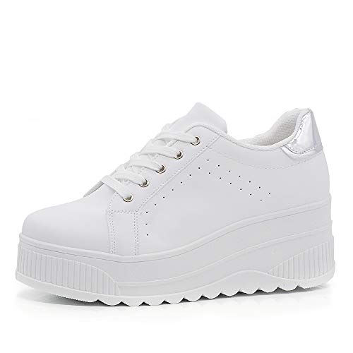 Zapatillas deportivas para mujer con plataforma de cuña alta moda de ante 063, B358 White Silver, 40 EU