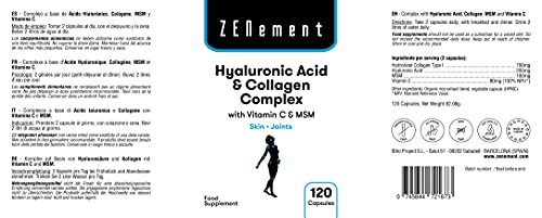 Zenement | Complejo de Ácido Hialurónico y Colágeno, con MSM y Vitamina C, 120 Cápsulas | Para combatir los efectos de la edad y tener una piel y articulaciones fuertes y saludables | 100% Natural