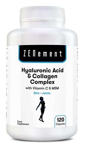 Zenement | Complejo de Ácido Hialurónico y Colágeno, con MSM y Vitamina C, 120 Cápsulas | Para combatir los efectos de la edad y tener una piel y articulaciones fuertes y saludables | 100% Natural